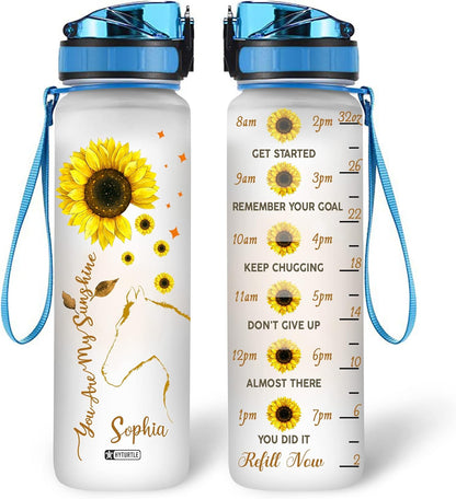 Horse & Sunflower Water Bottle Tracker 32oz Personalized – Motivational Daily Bottle with Time Marker – Unique Gift for Horse Lovers