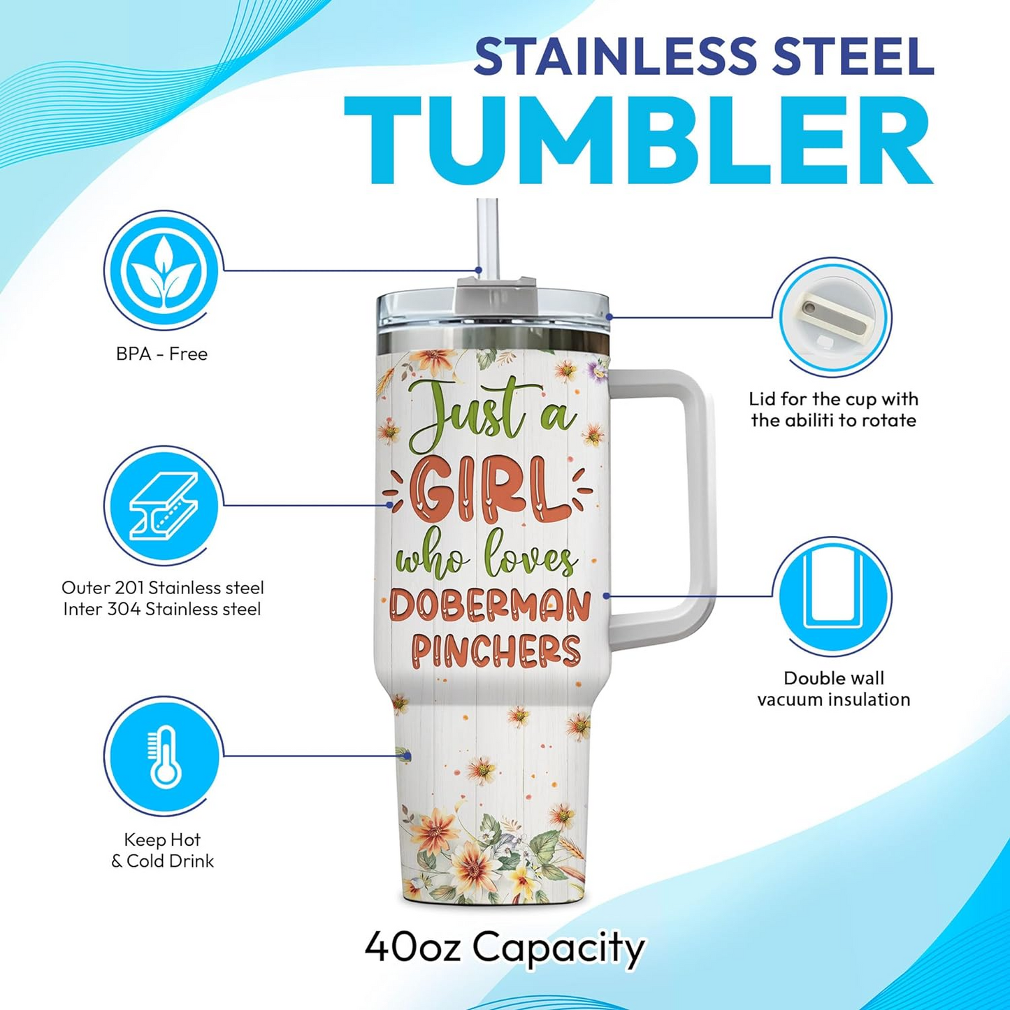 Doberman Lover Tumbler 40oz with Handle & Straw – Personalized Stainless Steel Travel Cup with Lid – Stylish Gift for Dog Enthusiasts