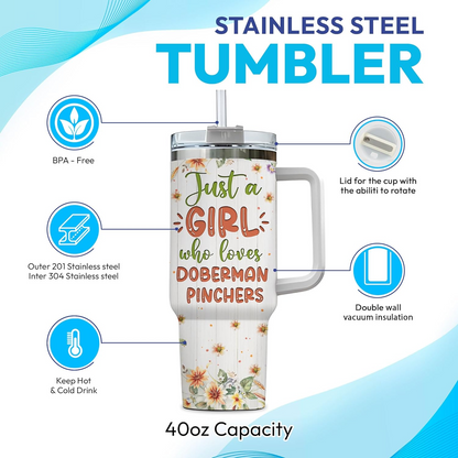 Doberman Lover Tumbler 40oz with Handle & Straw – Personalized Stainless Steel Travel Cup with Lid – Stylish Gift for Dog Enthusiasts