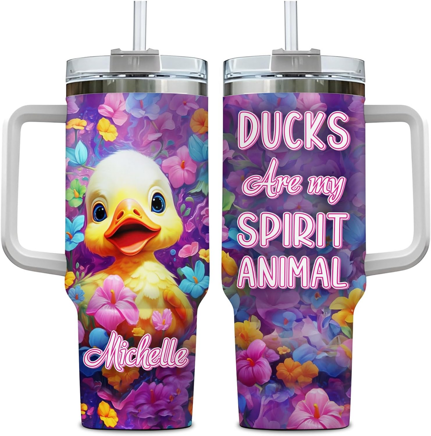 Duck Lover Tumbler 40oz with Handle & Straw – Personalized Stainless Steel Insulated Travel Cup with Lid – Cute Farm Animal Gift for Birthday & Holidays