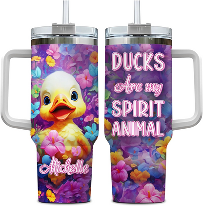 Duck Lover Tumbler 40oz with Handle & Straw – Personalized Stainless Steel Insulated Travel Cup with Lid – Cute Farm Animal Gift for Birthday & Holidays