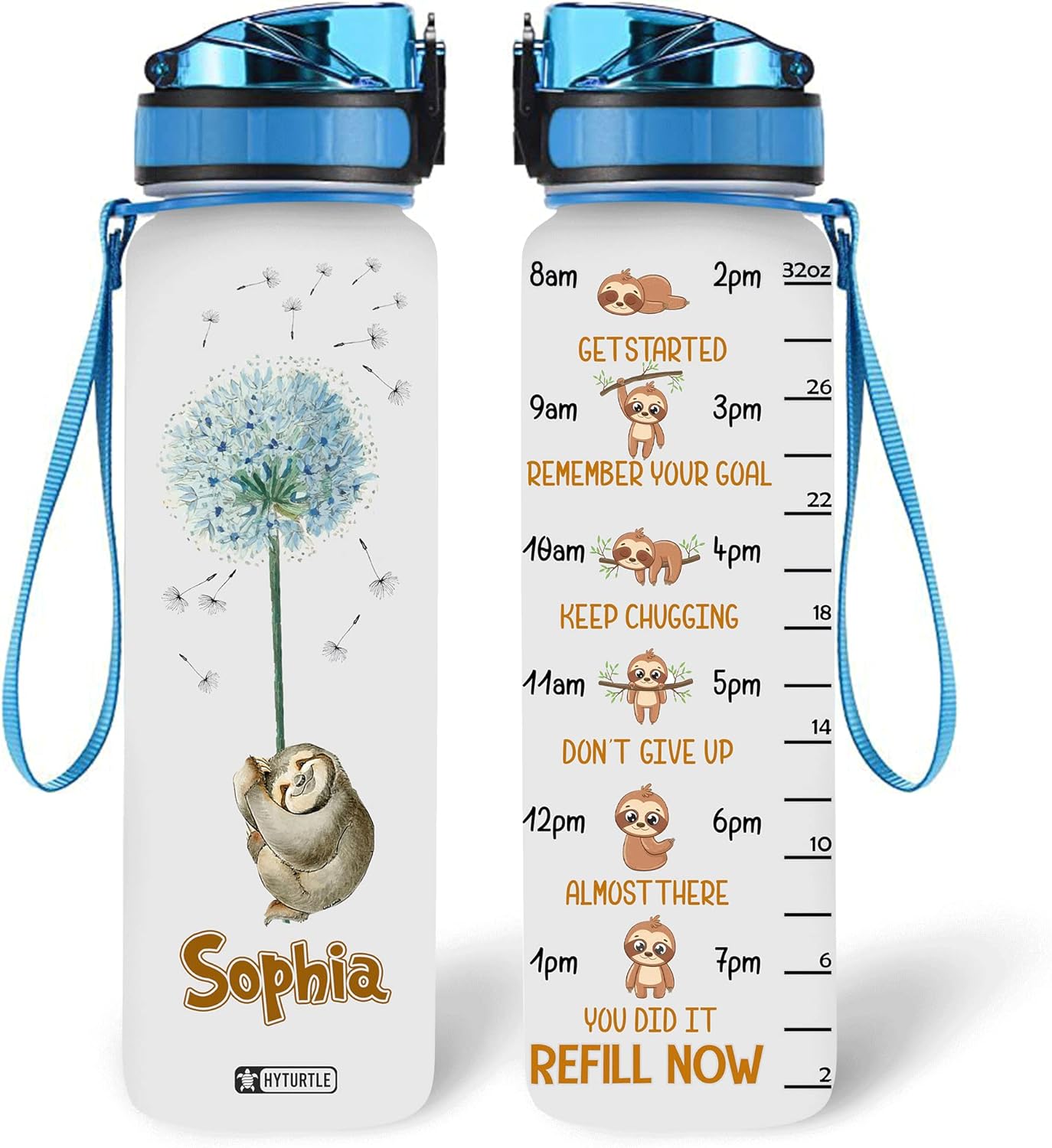 Sloth Dandelion - Personalized Water Tracker Bottle 32oz