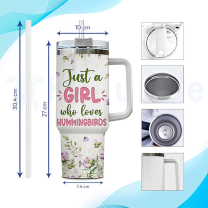 Hummingbird Tumbler 40oz with Handle & Straw – Personalized Stainless Steel Insulated Travel Cup with Lid – Stylish Gift for Bird Lovers