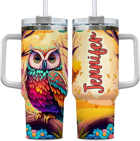 Colorful Owl Tumbler 40oz – Personalized Stainless Steel Insulated Travel Cup with Handle & Straw – Artistic Gift for Owl Lovers