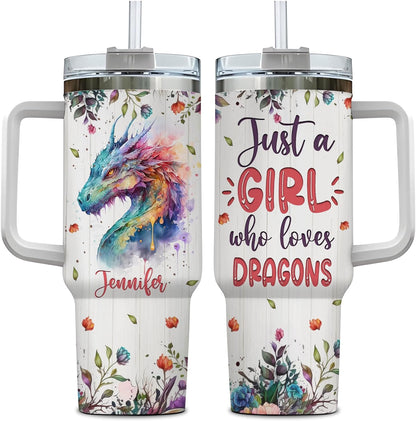 Watercolor Dragon Tumbler 40oz – Personalized Stainless Steel Insulated Cup with Handle & Straw – Unique Gift for Fantasy Lovers