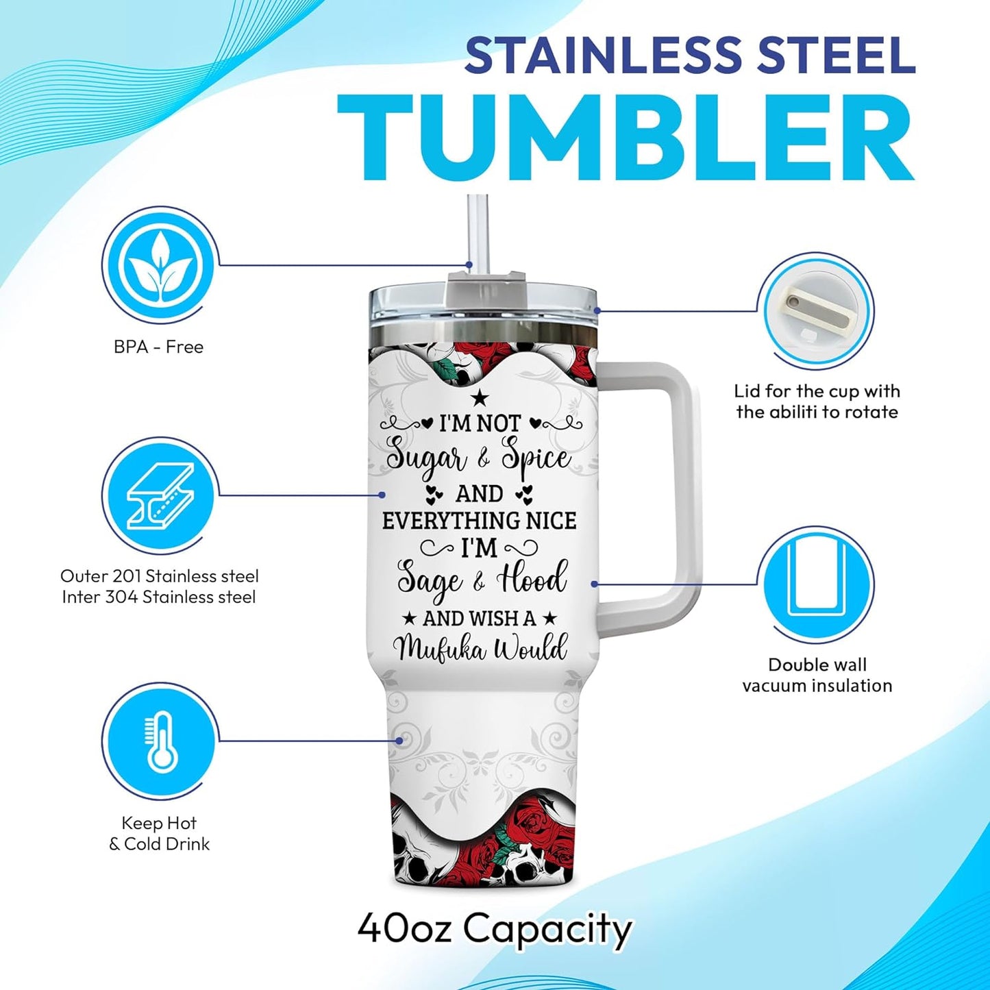 Sugar Skull Rose Tumbler 40oz with Handle & Straw – Personalized Stainless Steel Insulated Cup with Lid – Gothic Gift for Skull Lovers