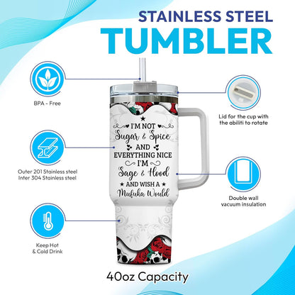 Sugar Skull Rose Tumbler 40oz with Handle & Straw – Personalized Stainless Steel Insulated Cup with Lid – Gothic Gift for Skull Lovers