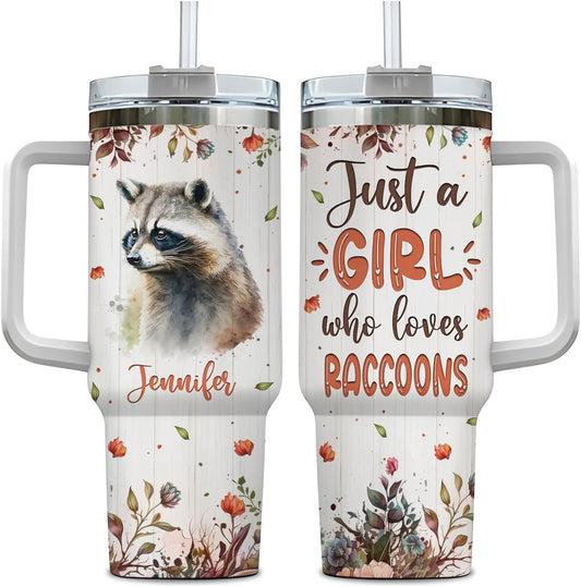 Raccoon Lover Tumbler 40oz with Handle & Straw – Personalized Stainless Steel Insulated Cup with Lid – Fun Gift for Nature Lovers