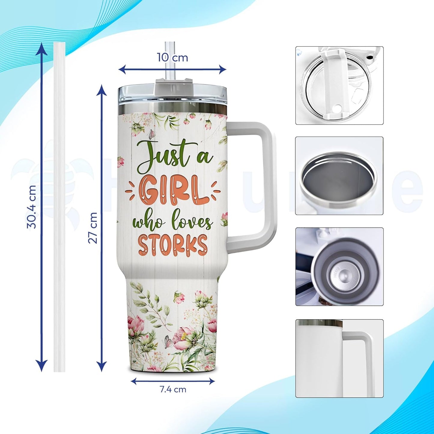 Stork Tumbler 40oz with Handle & Straw – Personalized Stainless Steel Insulated Travel Cup with Lid – Thoughtful Gift for Bird Lovers