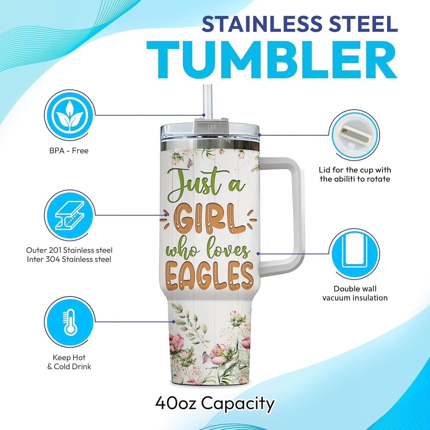Eagle Tumbler 40oz – Personalized Stainless Steel Insulated Travel Cup with Handle & Straw – Majestic Bird Coffee Mug Gift for Nature Lovers