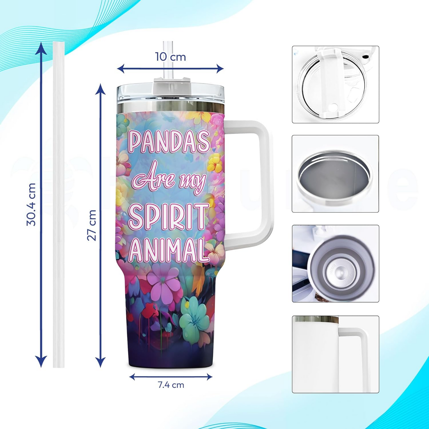 Panda Lover Tumbler 40oz with Handle & Straw – Personalized Stainless Steel Insulated Cup with Lid – Cute Birthday & Christmas Gift for Women & Girls