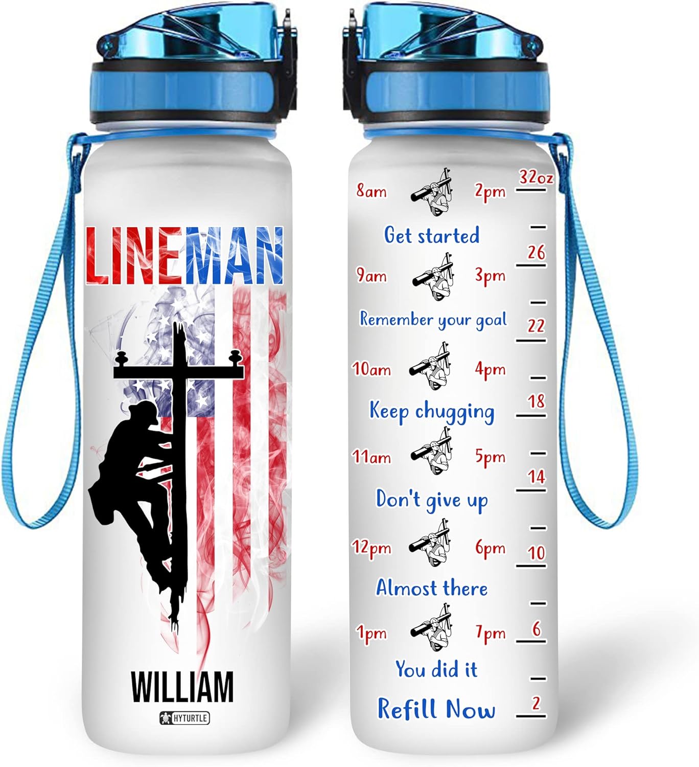 Lineman American Flag - Personalized Water Tracker Bottle 32oz