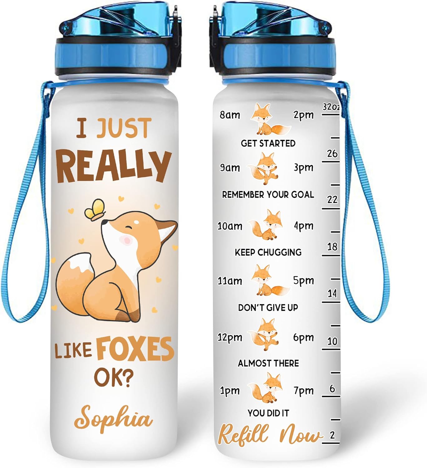 Cute Fox Lovers Water Bottle Tracker 32oz – Personalized Motivational Bottle with Time Marker – Stylish Gift for Animal Lovers