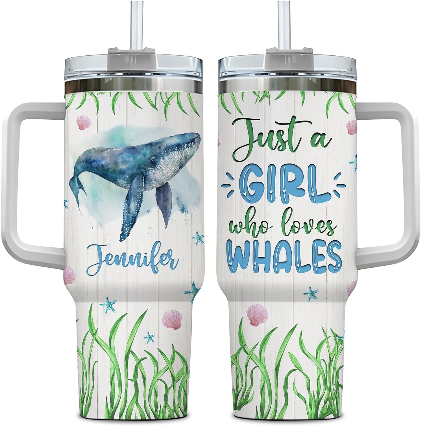 Whale Ocean Lover Tumbler 40oz – Personalized Stainless Steel Insulated Cup with Handle & Straw, Watercolor Marine Art – Stylish Gift for Women & Girls
