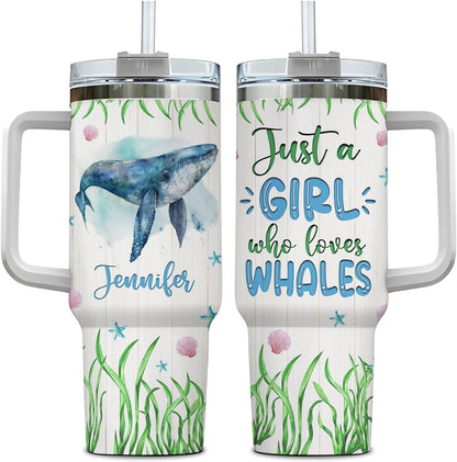 Whale Ocean Lover Tumbler 40oz – Personalized Stainless Steel Insulated Cup with Handle & Straw, Watercolor Marine Art – Stylish Gift for Women & Girls