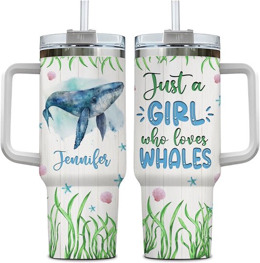 Whale Ocean Lover Tumbler 40oz – Personalized Stainless Steel Insulated Cup with Handle & Straw, Watercolor Marine Art – Stylish Gift for Women & Girls
