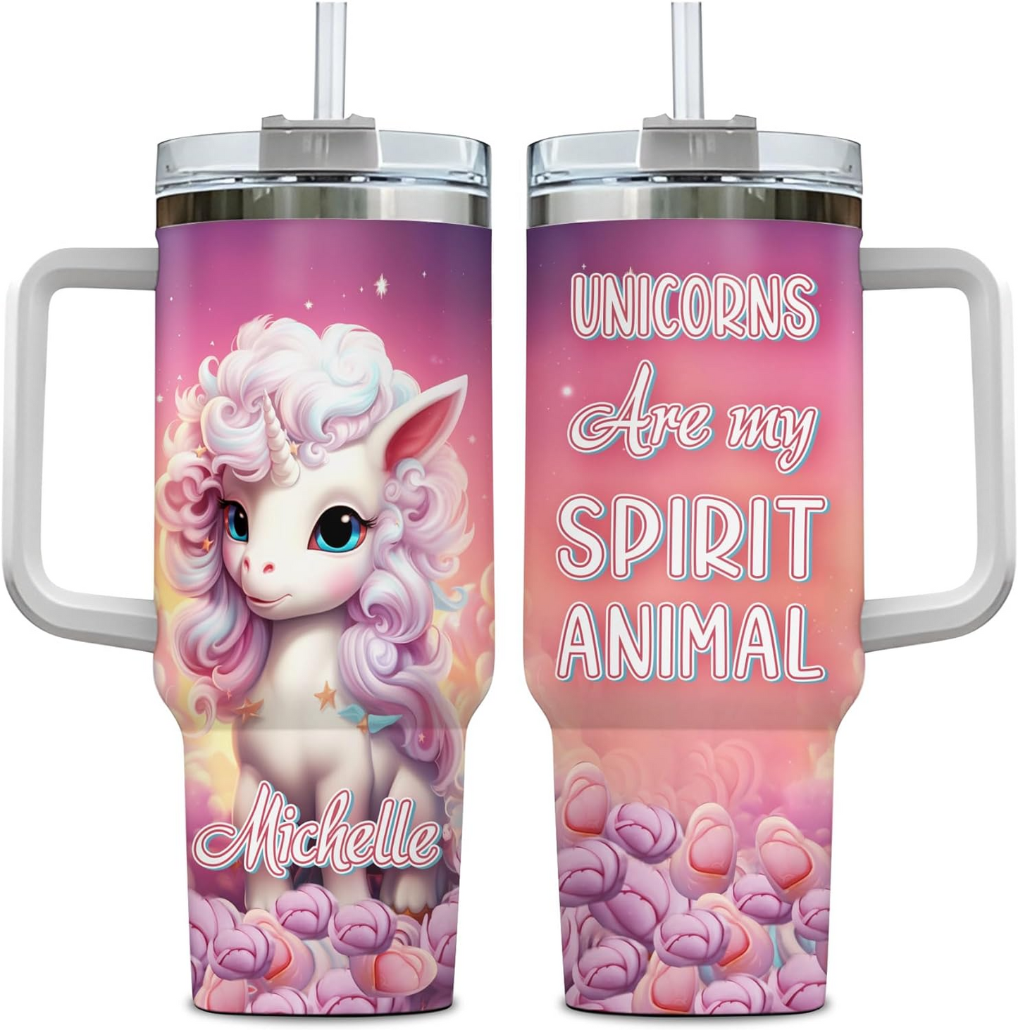 Sparkling Unicorn Tumbler 40oz with Handle & Straw – Personalized Stainless Steel Cup with Lid – Cute Fantasy Gift for Girls & Women