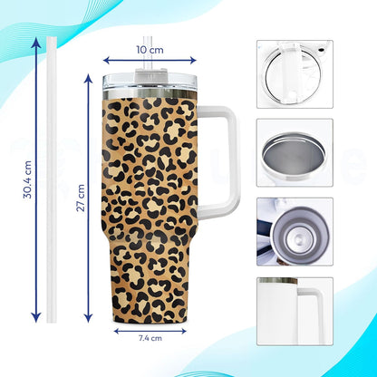 Leopard Print Tumbler 40oz with Handle & Straw – Personalized Stainless Steel Insulated Travel Cup with Lid – Stylish Gift for Women
