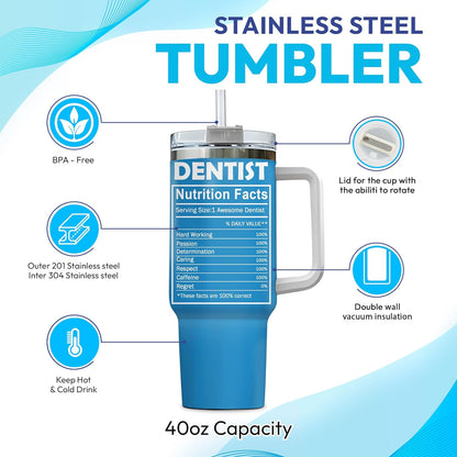 Dentist Scrub Tumbler 40oz with Handle & Straw – Personalized Stainless Steel Insulated Travel Cup with Lid – Creative Gift for Dental Lovers