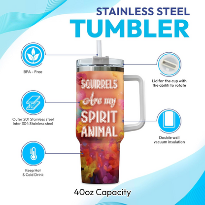 Colorful Squirrel Tumbler 40oz with Handle & Straw – Personalized Stainless Steel Cup with Lid – Cute Animal Gift for Women & Kids