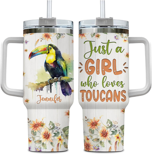 Toucan Tumbler 40oz – Personalized Stainless Steel Insulated Travel Cup with Handle & Straw – Tropical Bird Coffee Mug Gift for Women