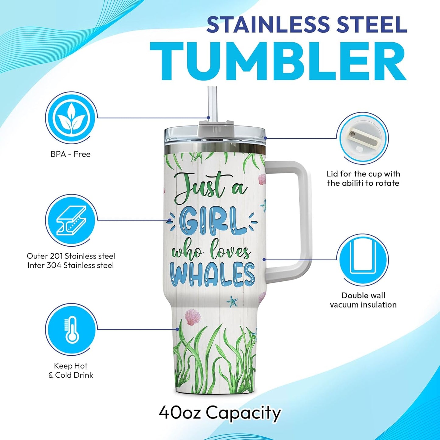 Whale Ocean Lover Tumbler 40oz – Personalized Stainless Steel Insulated Cup with Handle & Straw, Watercolor Marine Art – Stylish Gift for Women & Girls