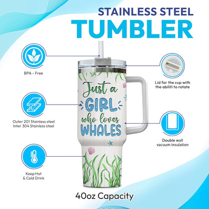 Whale Ocean Lover Tumbler 40oz – Personalized Stainless Steel Insulated Cup with Handle & Straw, Watercolor Marine Art – Stylish Gift for Women & Girls