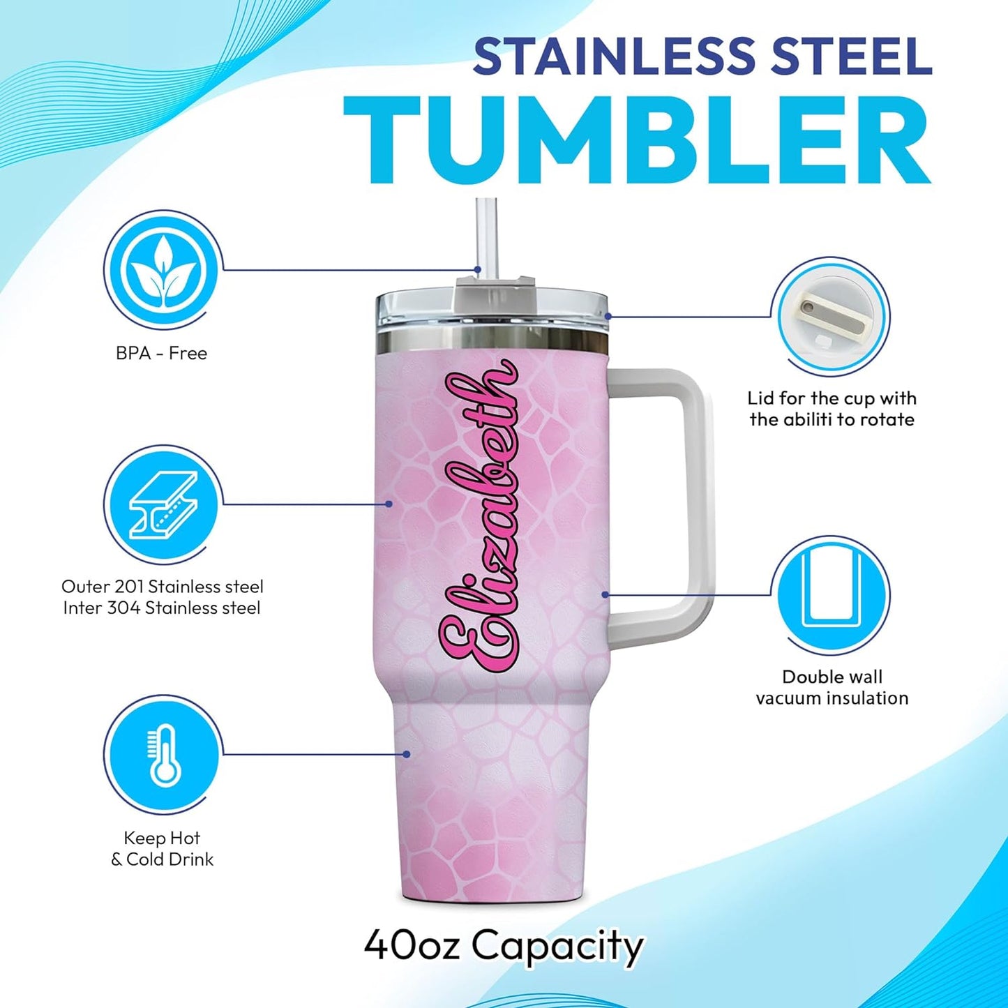 Cute Giraffe Tumbler 40oz – Personalized Stainless Steel Insulated Travel Cup with Handle & Straw – Stylish Gift for Giraffe Lovers