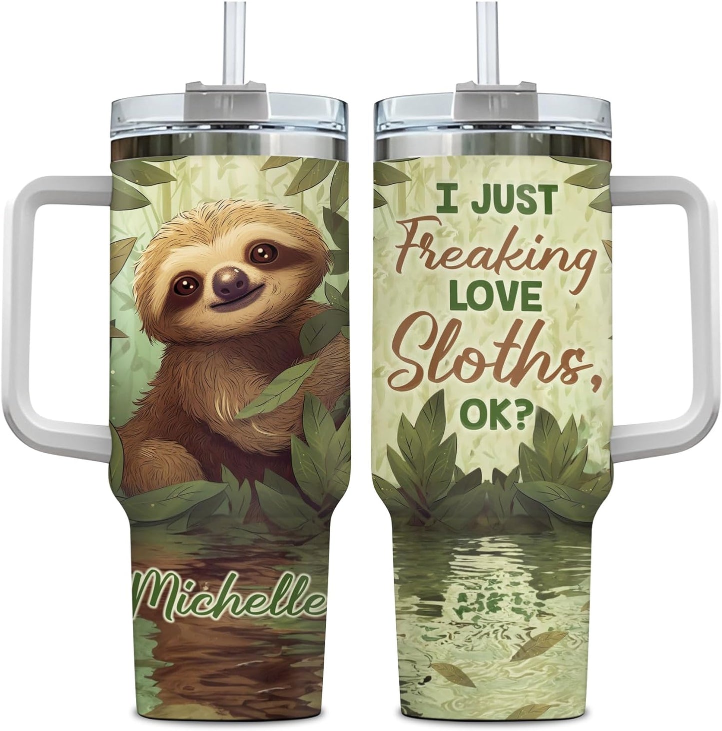 Sloth Jungle Theme Tumbler 40oz with Handle & Straw – Personalized Stainless Steel Insulated Cup with Lid – Fun Gift for Sloth Lovers