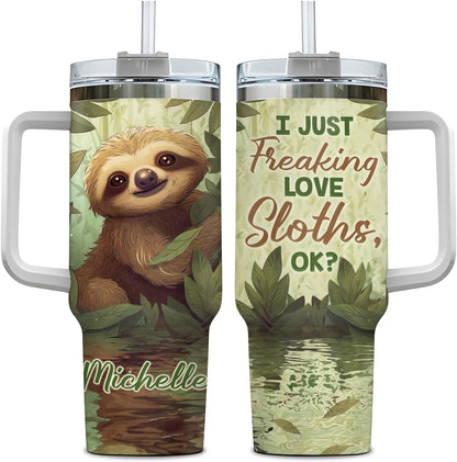 Sloth Jungle Theme Tumbler 40oz with Handle & Straw – Personalized Stainless Steel Insulated Cup with Lid – Fun Gift for Sloth Lovers