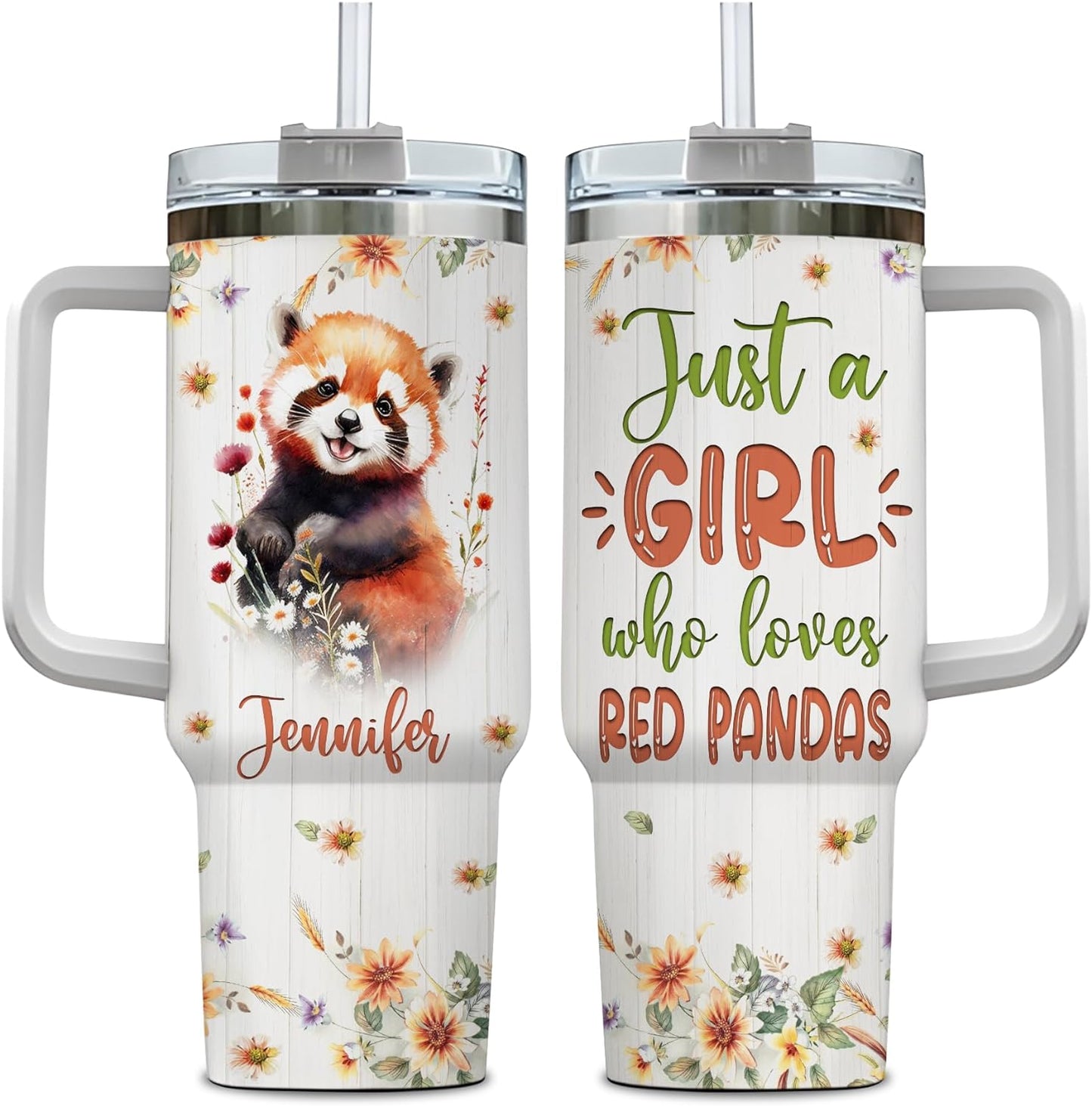 Red Panda 40oz Tumbler with Handle & Straw – Personalized Stainless Steel Insulated Cup with Lid – Cute Gift for Wildlife Lovers
