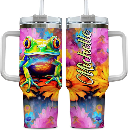 Colorful Frog Tumbler 40oz with Handle & Straw – Personalized Stainless Steel Insulated Travel Cup with Lid – Fun Gift for Frog Lovers