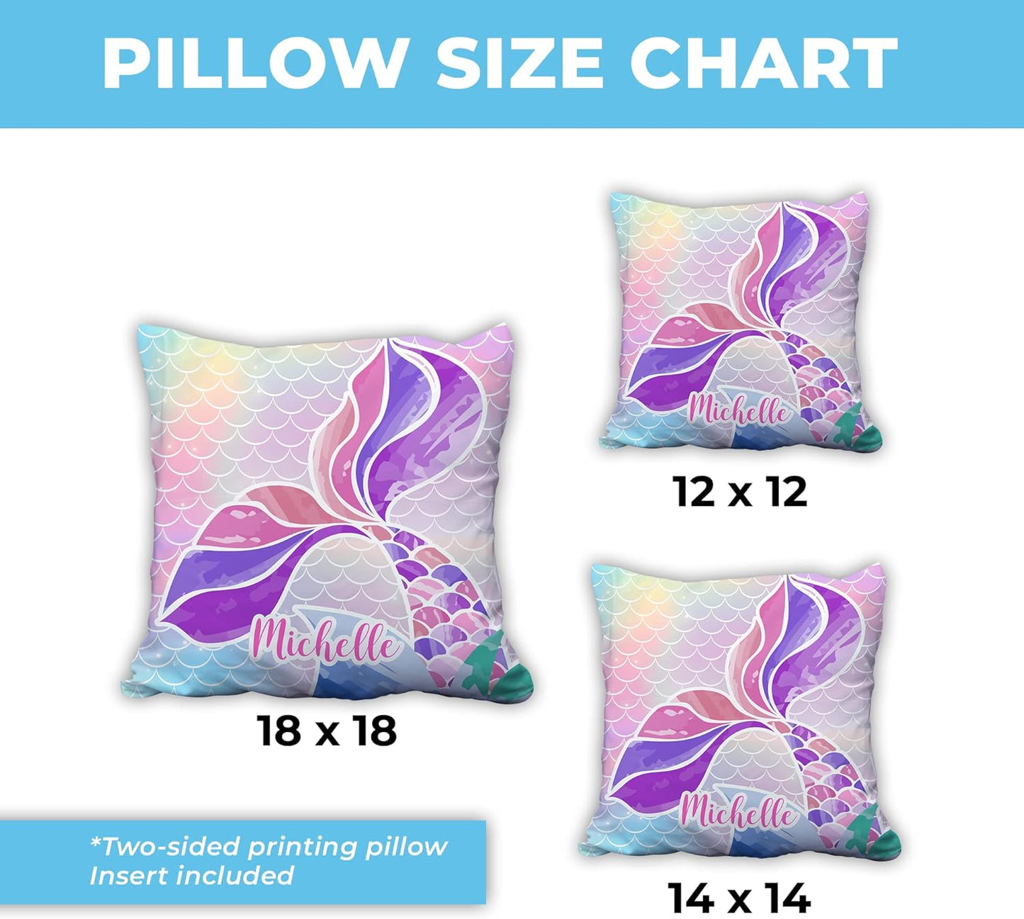 Mermaid Tail Personalized Pillow with Insert – Custom Name Cushion for Girls – Rainbow Scales Pastel Home Décor Gift for Mermaid Lovers