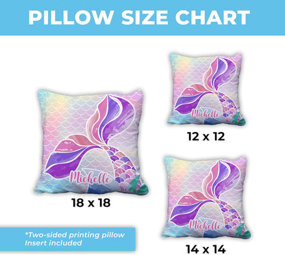 Mermaid Tail Personalized Pillow with Insert – Custom Name Cushion for Girls – Rainbow Scales Pastel Home Décor Gift for Mermaid Lovers