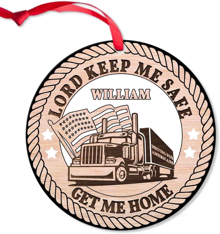 Lord Keep Me Safe Trucker Ceramic Ornament – Personalized Christmas Tree or Car Decoration – Patriotic Gift for Truck Driver with Custom Name