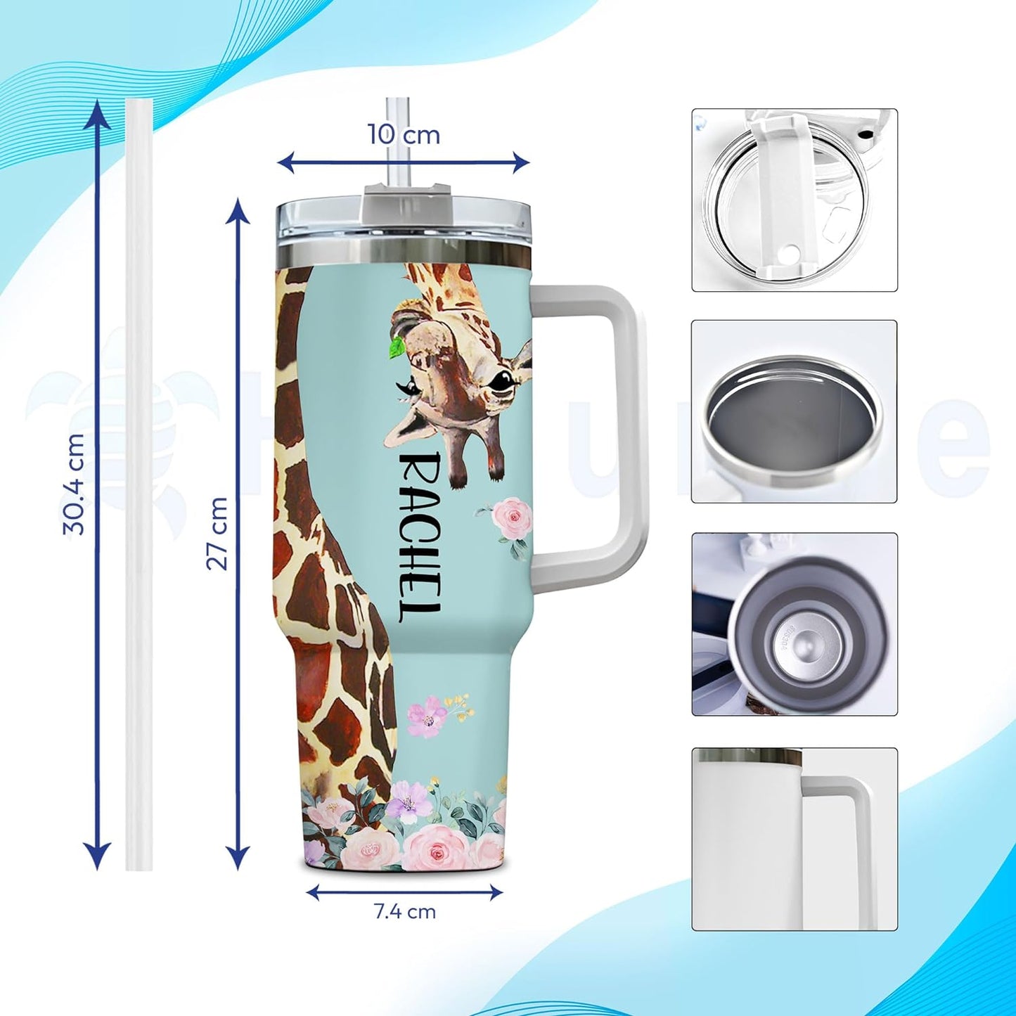 Giraffe Tumbler 40oz with Handle & Straw – Personalized Stainless Steel Insulated Travel Cup with Lid – Unique Gift for Animal Lovers