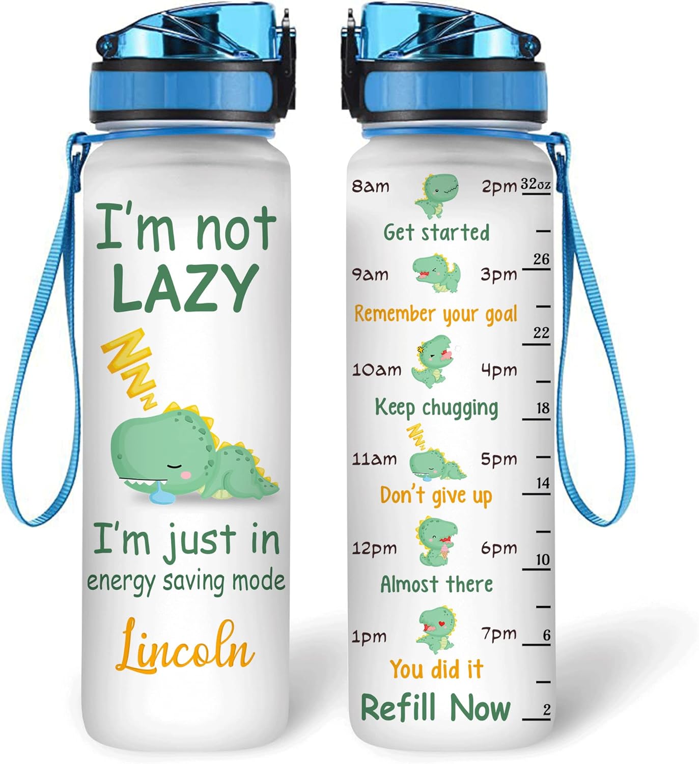 Cute Dinosaur Lazy Mode Water Bottle Tracker 32oz – Personalized Motivational Bottle with Time Marker – Fun Gift for Dino Lovers