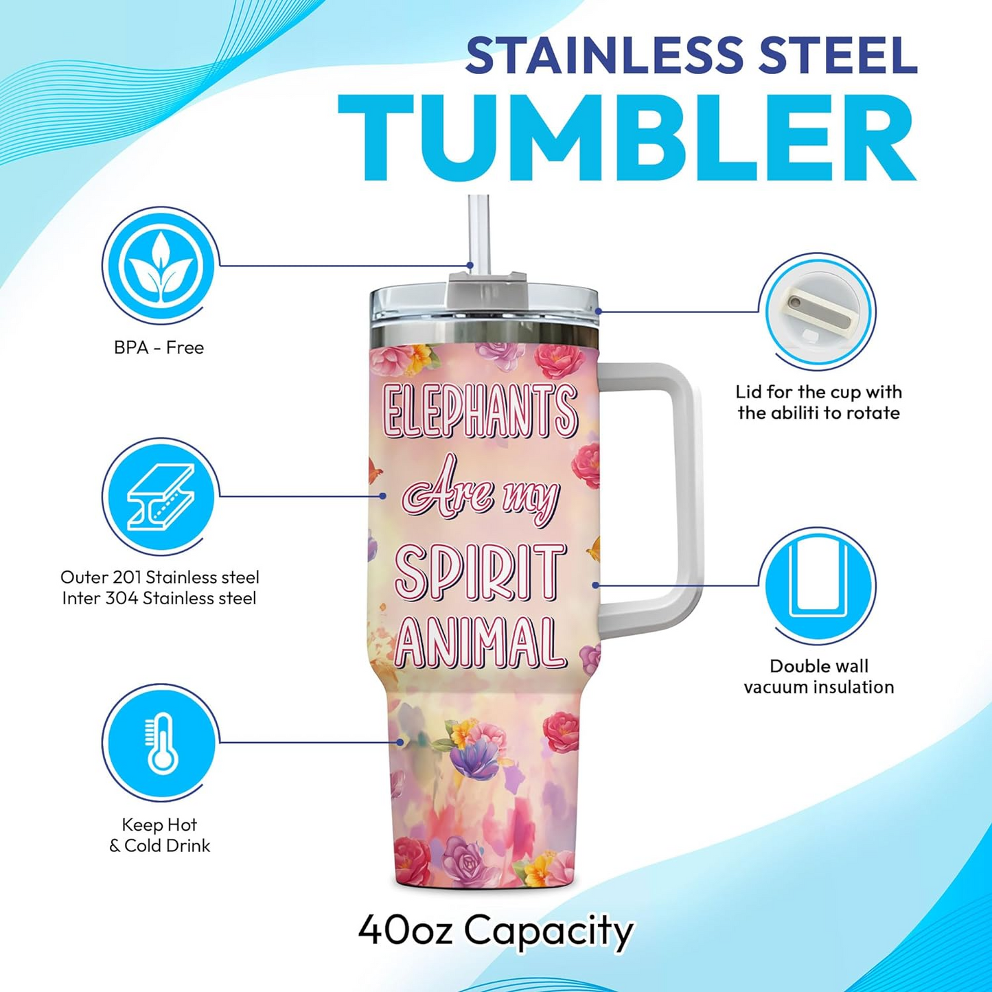 Elephant Lover Tumbler 40oz with Handle & Straw – Personalized Stainless Steel Insulated Cup with Lid – Unique Birthday Gift for Women & Girls