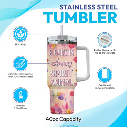 Elephant Lover Tumbler 40oz with Handle & Straw – Personalized Stainless Steel Insulated Cup with Lid – Unique Birthday Gift for Women & Girls