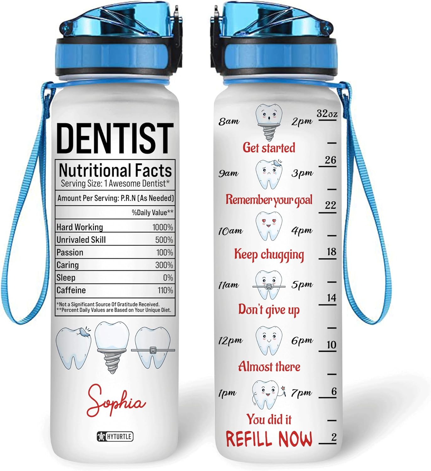 Dentist Nutritional Facts Water Bottle Tracker 32oz – Personalized Motivational Hydration Bottle with Time Marker – Unique Gift for Dentists & Dental Hygienists