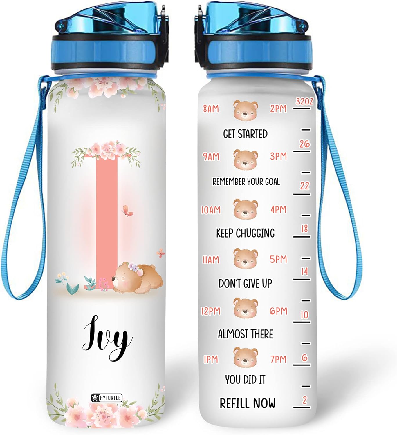 Bear Floral Pattern - Personalized Water Tracker Bottle 32oz