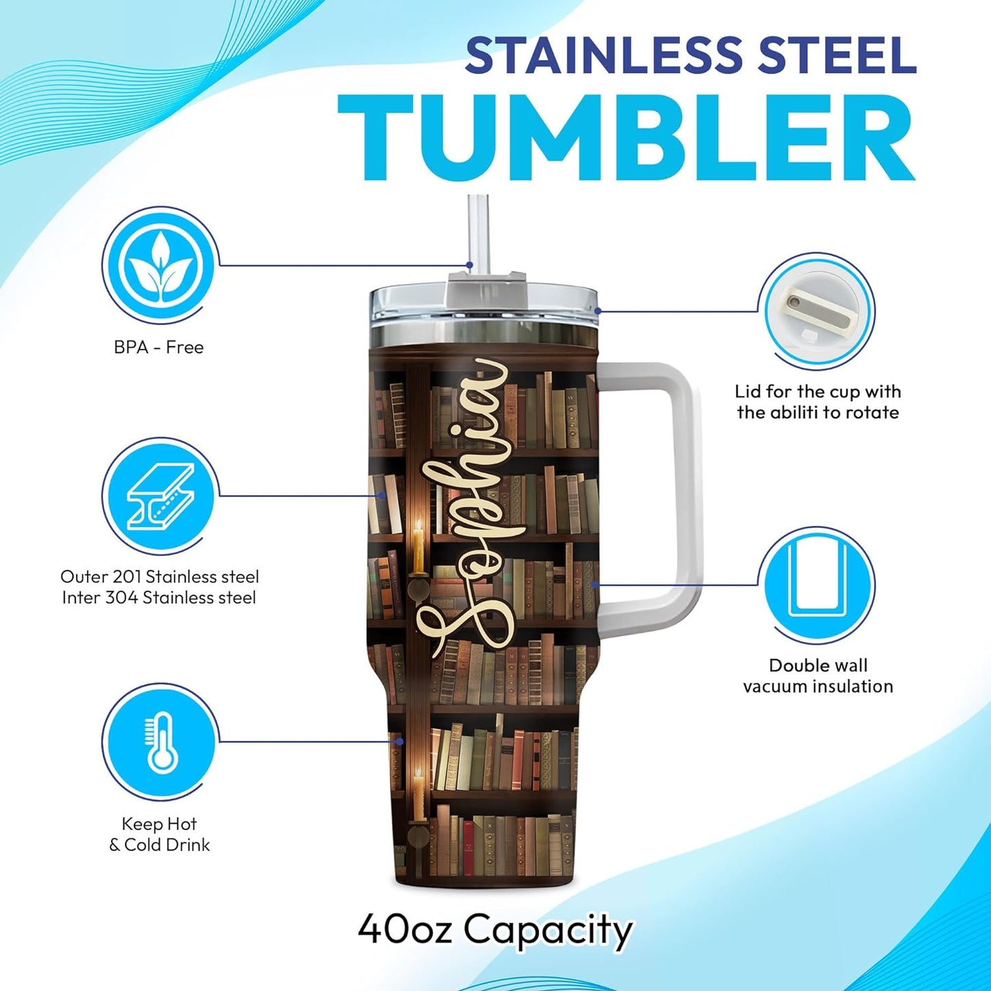 Book Lover Library Tumbler 40oz with Handle & Straw – Personalized Stainless Steel Insulated Travel Cup with Lid – Creative Gift for Readers