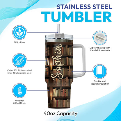 Book Lover Library Tumbler 40oz with Handle & Straw – Personalized Stainless Steel Insulated Travel Cup with Lid – Creative Gift for Readers