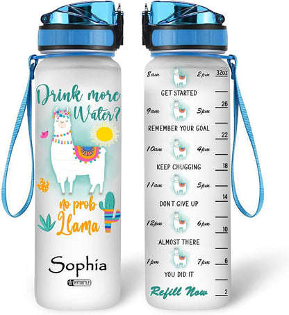 Cute Llama Water Bottle Tracker 32oz – Personalized Hydration Bottle with Time Marker – Fun Gift for Llama Lovers