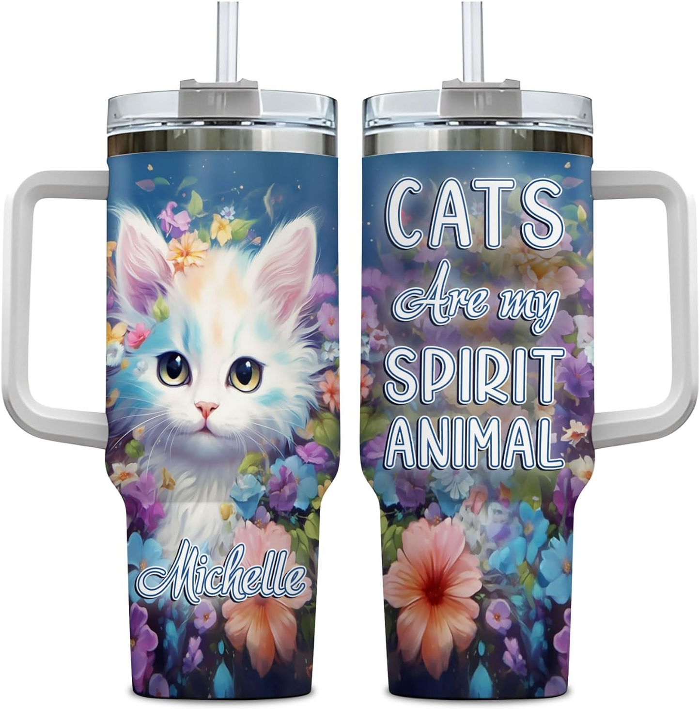 Cat Lover Tumbler 40oz with Handle & Straw – Personalized Stainless Steel Insulated Cup with Lid – Cute Birthday & Christmas Gift for Women & Girls
