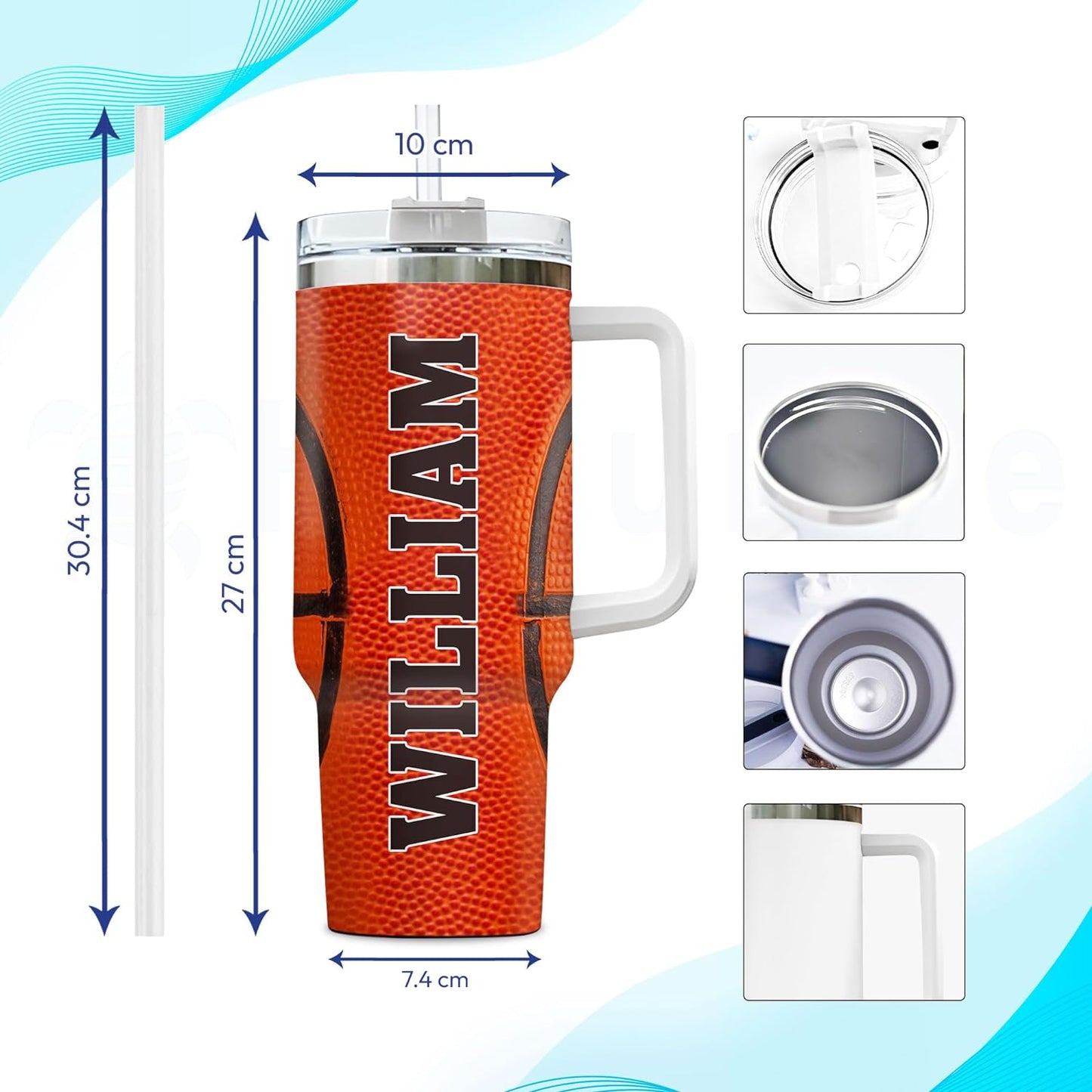 Basketball Texture Tumbler 40oz – Personalized Stainless Steel Insulated Cup with Handle & Straw – Fun Gift for Basketball Players & Fans