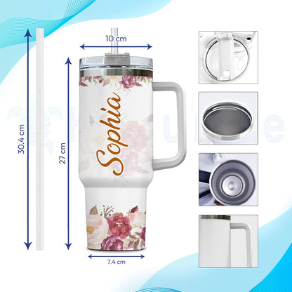 Highland Cow Floral Tumbler 40oz – Personalized Stainless Steel Insulated Cup with Handle & Straw – Unique Gift for Cow Lovers