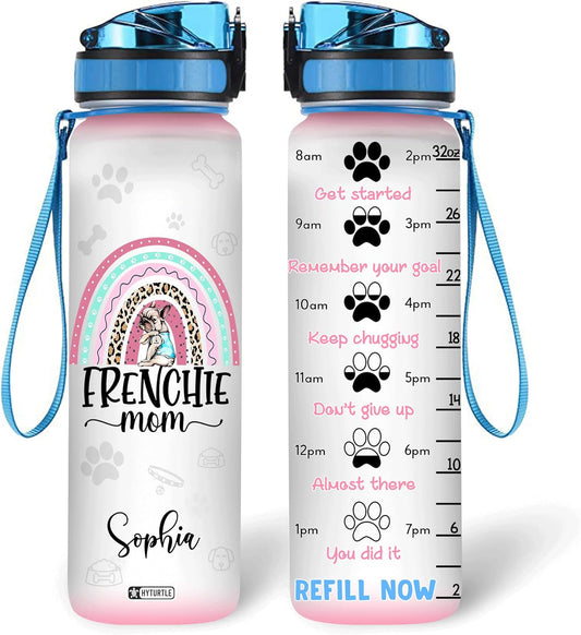 Frenchie Mom Rainbow - Personalized Water Tracker Bottle 32oz