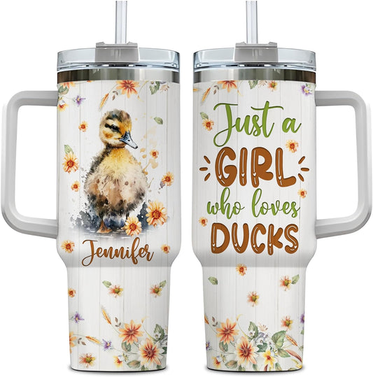 Duckling Floral 40oz Tumbler with Handle & Straw – Personalized Stainless Steel Insulated Travel Cup with Lid – Cute Gift for Animal Lovers