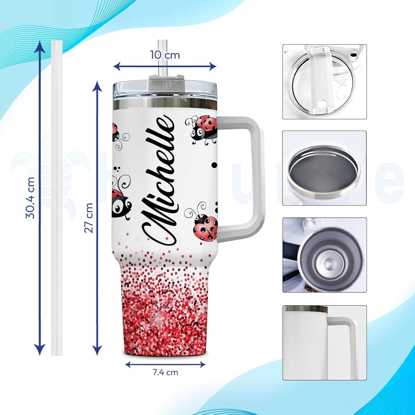 Cute Ladybug Glitter Tumbler 40oz with Handle & Straw – Personalized Stainless Steel Travel Cup with Lid – Adorable Gift for Ladybug Lovers
